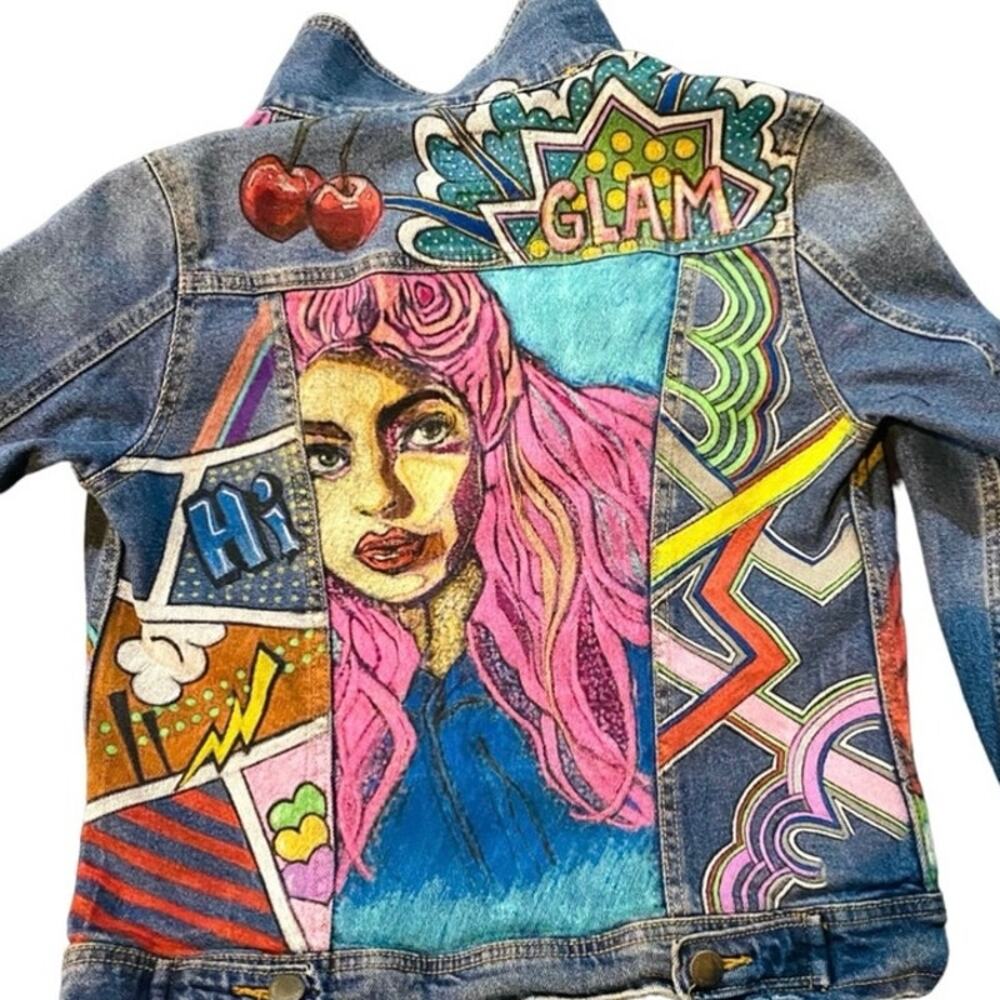 Custom Painted Blue Jean Jacket Original Pop Art style  size extra small